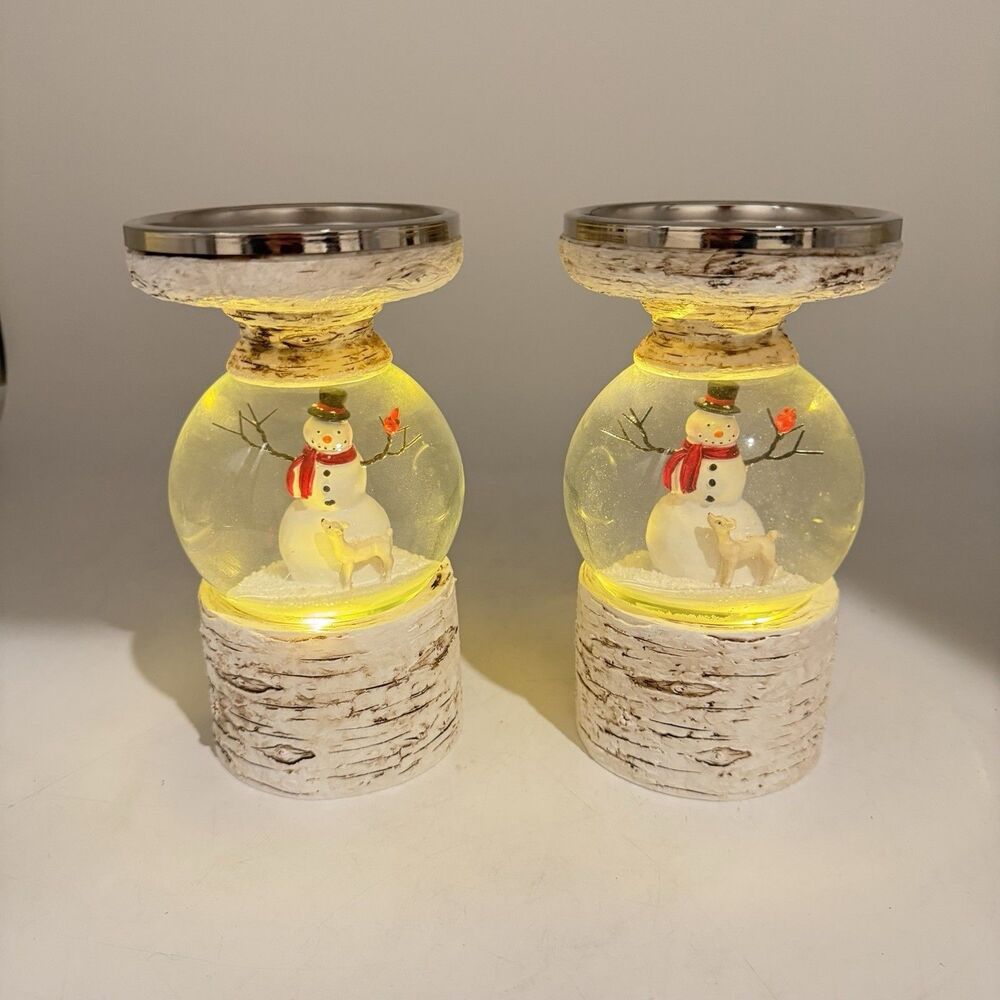 Christmas Snowman Snow Globe Candle Holders Set of 2 Lighted Birch Look 7.5”